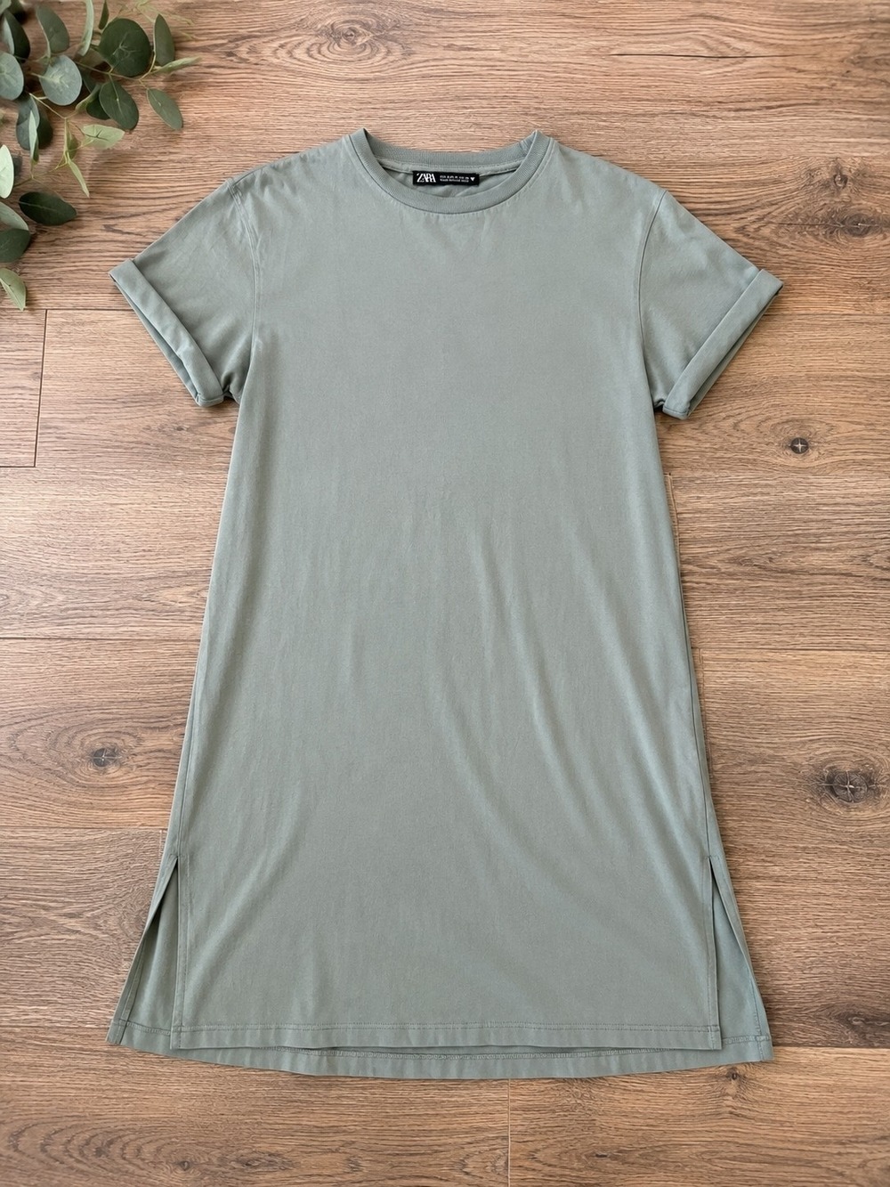 Zara Sage Green T-Shirt Dress | 100% Cotton | Size Small | Side Slits
